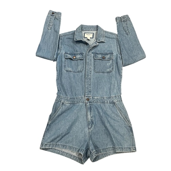 Forever 21 Light Wash Denim Button Up Short Jumper Romper L - Picture 1 of 9